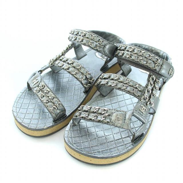 美品☆CHANEL・レザー マトラッセ パールココマーク サンダル(36C)-