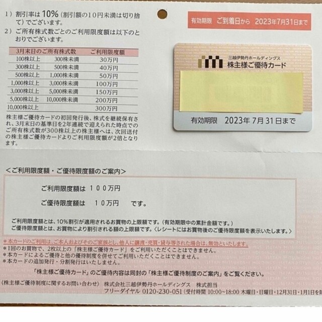 三越伊勢丹 株主優待 限度額100万優待券/割引券