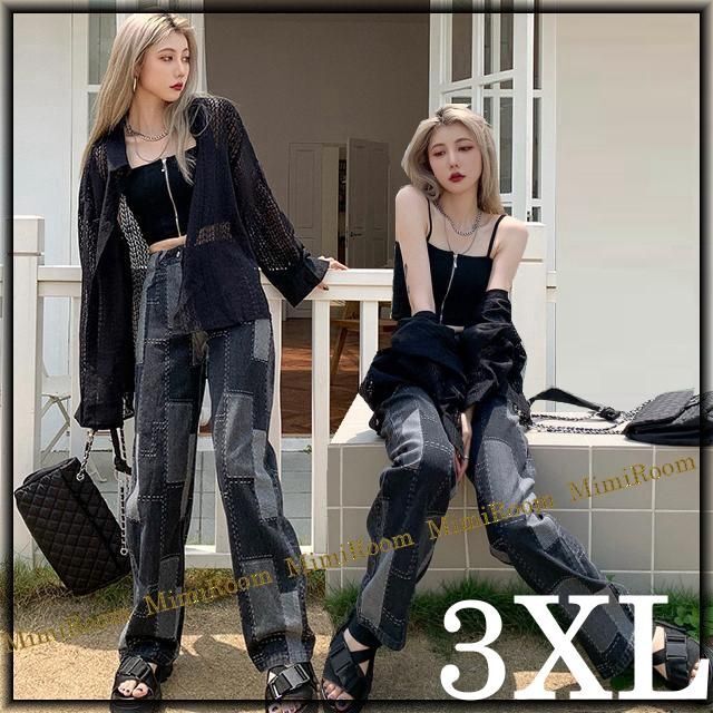 3XL【Ｗ～82】パッチワーク調プリント＆チェーンアクセ付き　デニムパンツ レディースのパンツ(デニム/ジーンズ)の商品写真