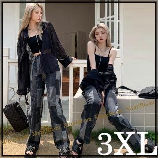 3XL【Ｗ～82】パッチワーク調プリント＆チェーンアクセ付き　デニムパンツ(デニム/ジーンズ)