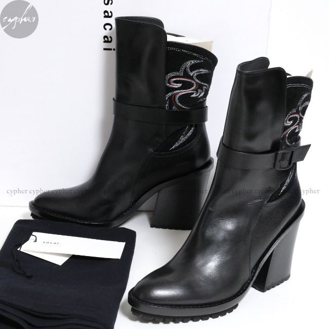 sacai(サカイ)の37 新品 21AW sacai 刺繍 ウエスタン レザー ブーツ 黒 サカイ レディースの靴/シューズ(ブーツ)の商品写真