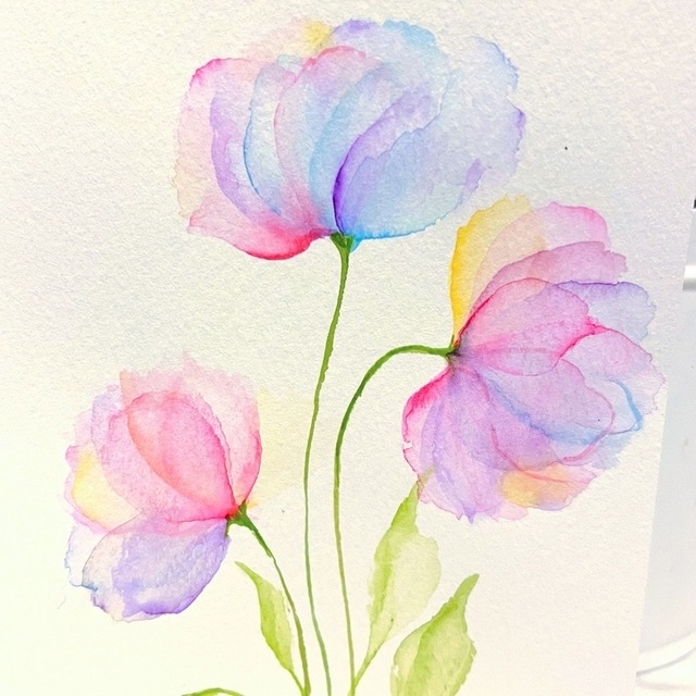 (売り切れ)水彩画 絵画 原画『抽象花 虹色の花』