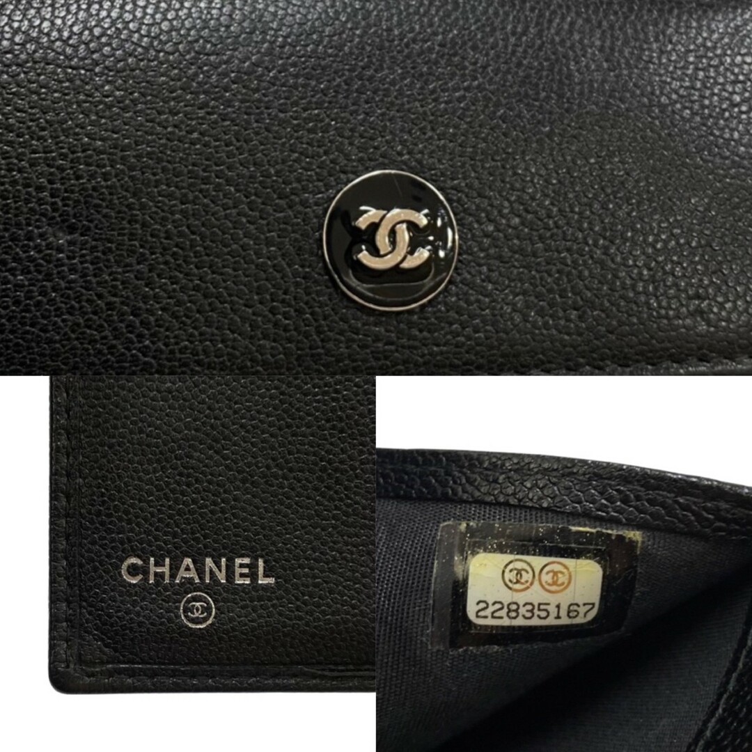 極 美品 保存箱付 CHANEL シャネル ココボタン ココマーク マットキャビアスキン レザー 三つ折り財布 折り財布 ブラック 24722