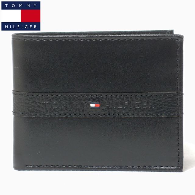 TOMMY HILFIGER(トミーヒルフィガー)の新品 TOMMY HILFIGER レザー 二つ折り財布 ブラック メンズのファッション小物(折り財布)の商品写真