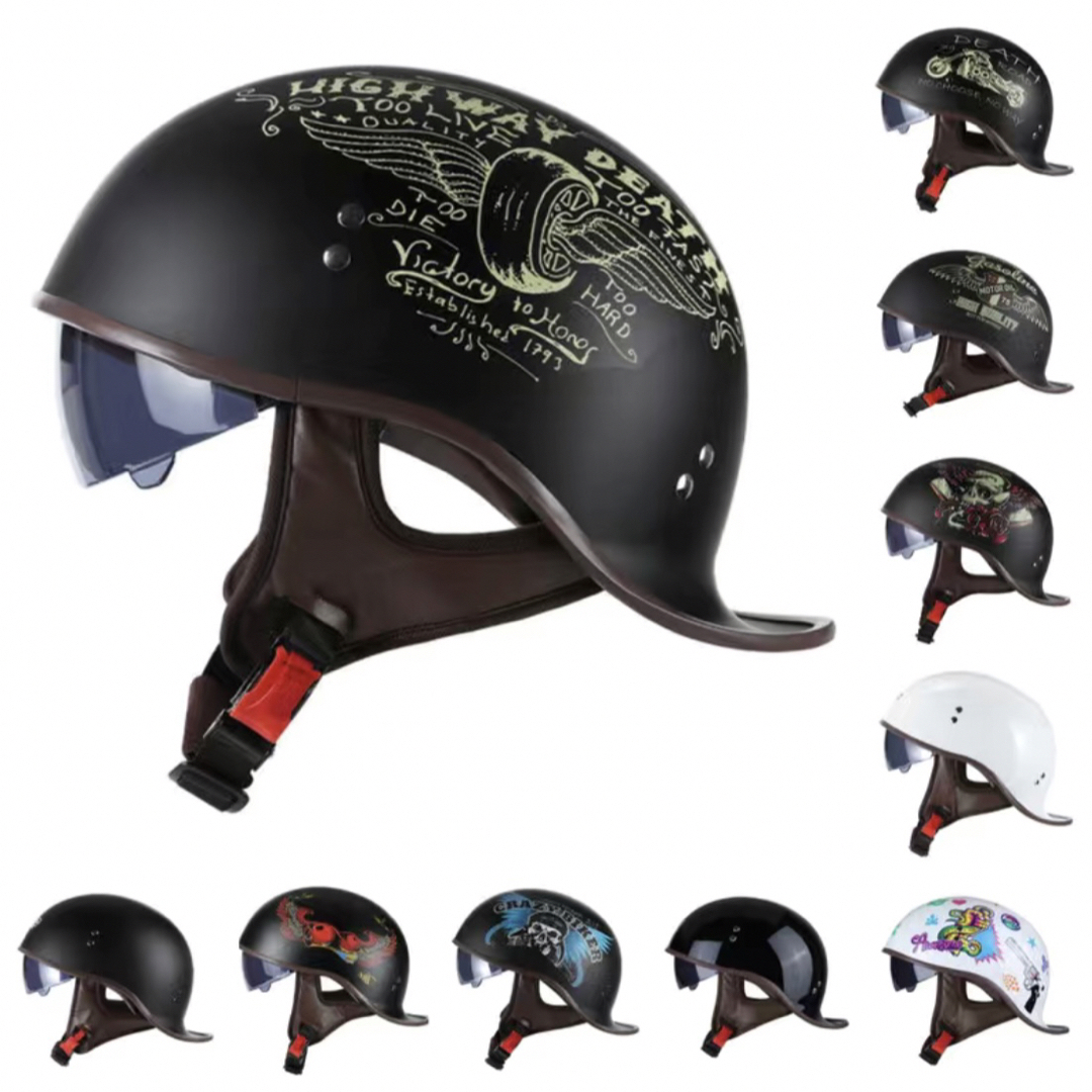 ダックテール ヘルメット マットブラック バイザー付 グラフィック半キャップヘルメット/シールド