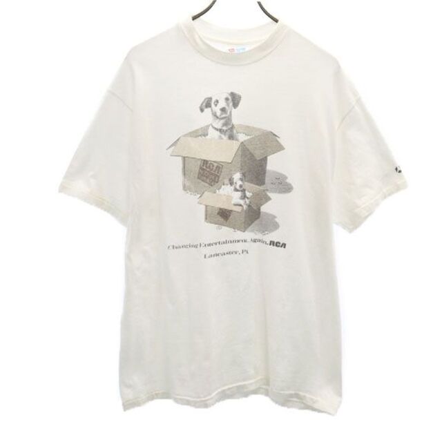 ヘインズ 90s オールド クルーネック プリント 半袖 Tシャツ L 白系 Hanes USA製 メンズ  220624