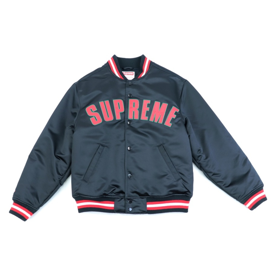 美品 シュプリーム × Mitchell & Ness 21SS Satin Varsity Jacket バーシティジャケット ブルゾン メンズ 黒 赤 S Supreme