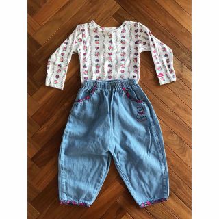 オシュコシュ(OshKosh)のoshkosh  チェックハートロンパース&デニムパンツセット　24m(パンツ/スパッツ)