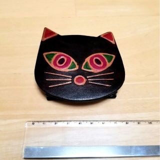 猫 ネコ コインケース ブラック 黒 革 財布(コインケース)