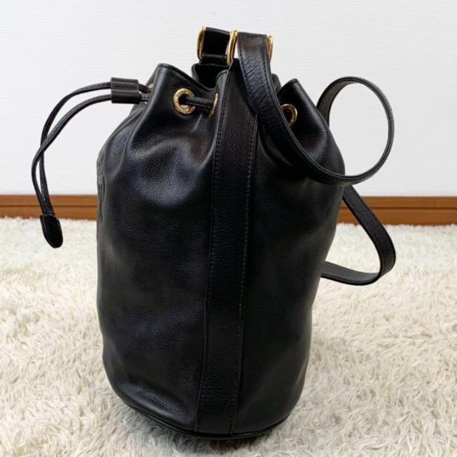 極美品✨オールドグッチ ロゴ型押し レザー 巾着 ショルダーバッグ ブラック