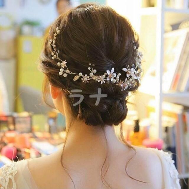 11番 ヘアアクセサリー　フラワー　ゴールド　クリスタルリーフ　ヘッドドレス ハンドメイドのウェディング(ヘッドドレス/ドレス)の商品写真