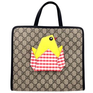 グッチ(Gucci)のGUCCI グッチ トートバッグ チルドレンズ GGチック ミニトート ハンドバッグ ひよこ チェック 鳥 かばん 鞄 606192 GGスプリームキャンバス  レザー   ベージュ イエロー ゴールド金具 レディース 定番 美品【中古品】(トートバッグ)