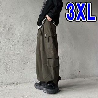 ☆新品☆カーゴパンツ ワイド メンズ 3XL カーキ 韓国 ミリタリー PD緑(ワークパンツ/カーゴパンツ)