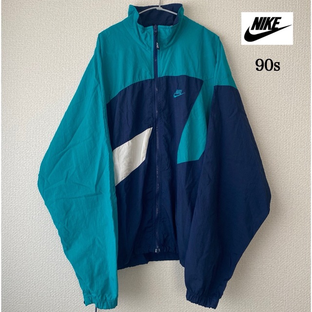 90s NIKE ナイキ ロゴ刺繍ナイロンジャケット L ブルー水色 ネイビー