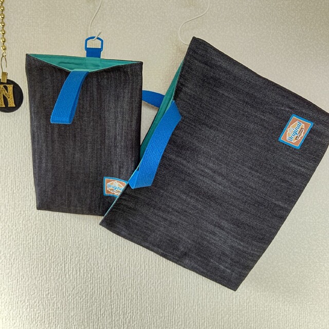 ○デニムインディゴ×ブルー　レッスンバッグ　上履き入れ ハンドメイドのキッズ/ベビー(バッグ/レッスンバッグ)の商品写真