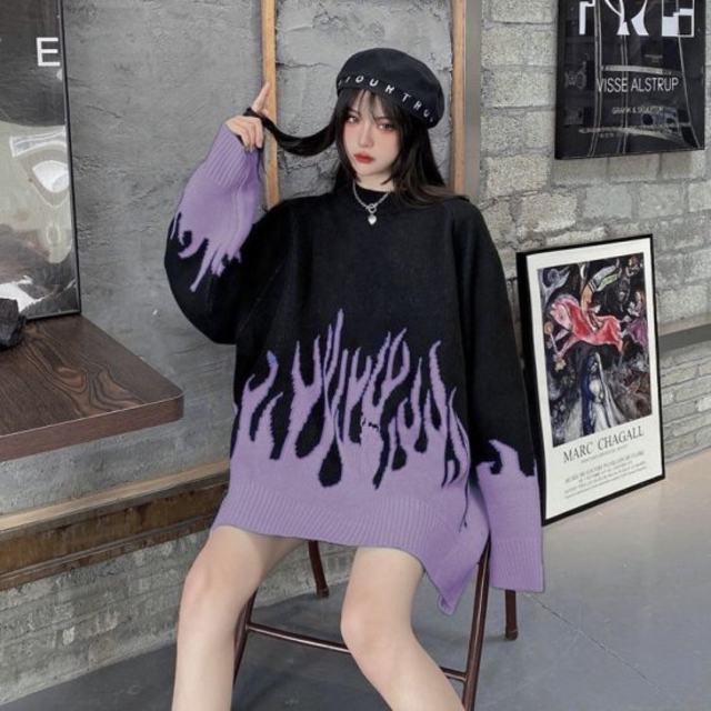 ファイヤー ニット セーター 韓国 オーバーサイズ ユニセックス パープル