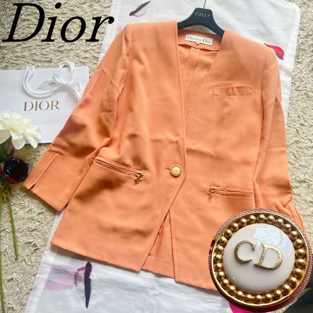 素材ウール【美品】Christian Dior ミドルジャケット オレンジ ロゴボタン L