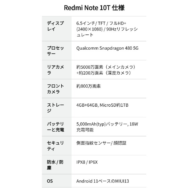 新品 Redmi Note 10T アジュールブラック