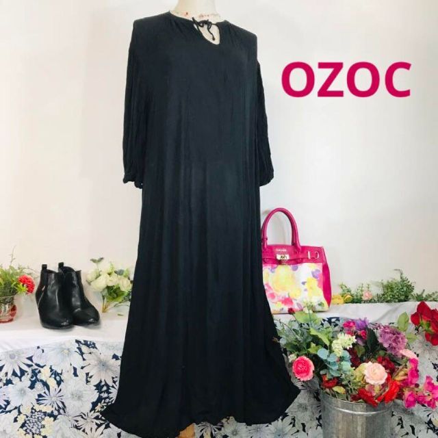 OZOC(オゾック)のOZOC　ゆったりくつろげ、初夏まで着用可。黒　楊柳木綿　ロングワンピース レディースのワンピース(ロングワンピース/マキシワンピース)の商品写真