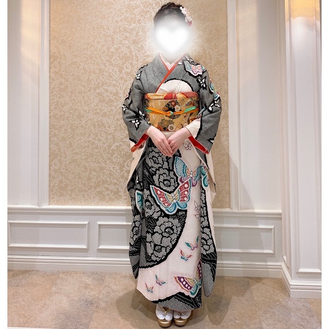 フルセット•総絞り•可愛い蝶】振袖 正絹 超豪華袋帯 髪飾り バッグ付き