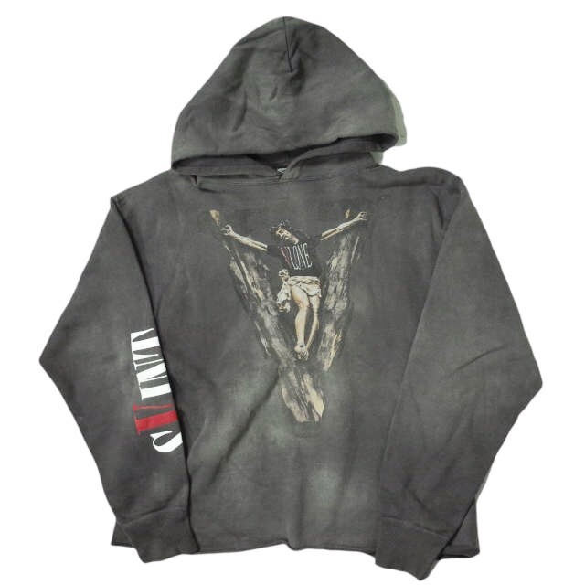 SAINT MICHAEL x VLONE セントマイケル ヴィーロン 22SS 別注 日本製 HOODIE VLONE ダメージ加工スウェットプルオーバーパーカー SM-S22-0000-070 XL BLACK SAINT Mxxxxxx トップス【SAINT MICHAEL × VLONE】約675cm着丈