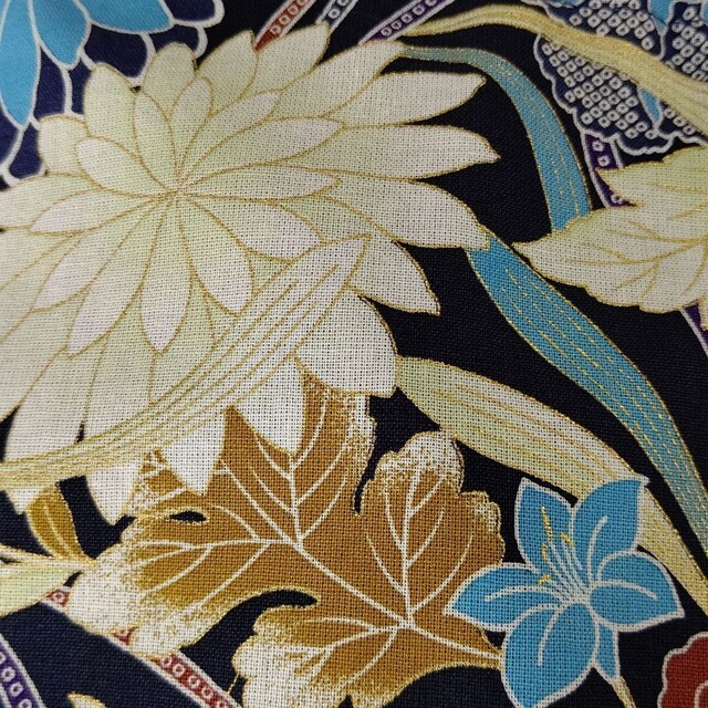 巾着袋裏地つき　 和柄　花柄×紺 ハンドメイドのファッション小物(ポーチ)の商品写真