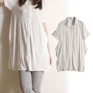 【新品】柔らかい素材の 杢調 半袖シャツ チュニック ポロシャツ 無地 ホワイト(チュニック)