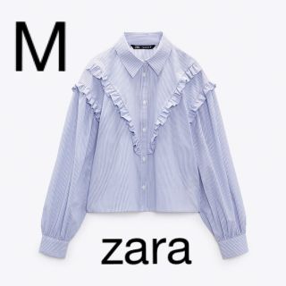 ザラ(ZARA)のZARA フリル付きストライプ柄ポプリンシャツ　M(シャツ/ブラウス(長袖/七分))