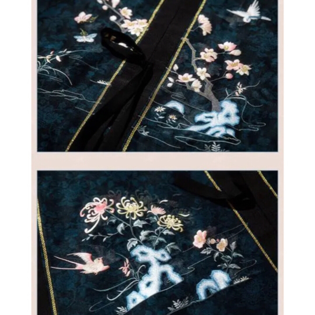 ふりふ(フリフ)の歳暮鶯鳴　刺繍直領對襟広袖披風 青黒色アウター　明製漢服　中国伝統衣装　着物和服 レディースの水着/浴衣(着物)の商品写真