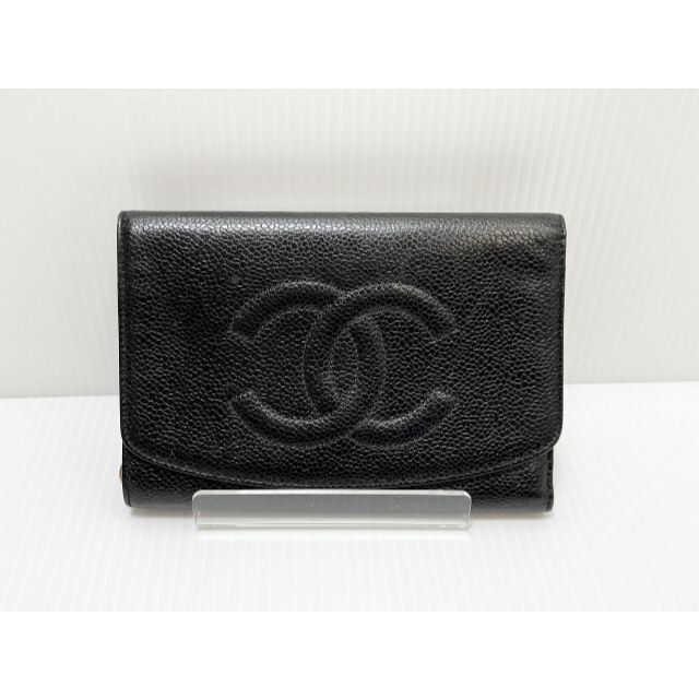 シャネル CHANEL キャビアスキン デカココマーク 三つ折り財布　ブラック