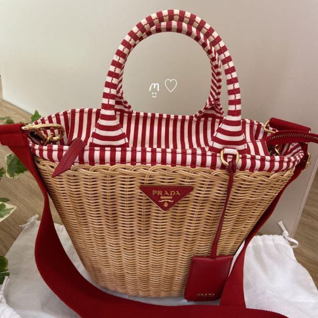 PRADA プラダ ウィッカー カゴバッグ ハンドショルダー レッド 赤 マリン - 1