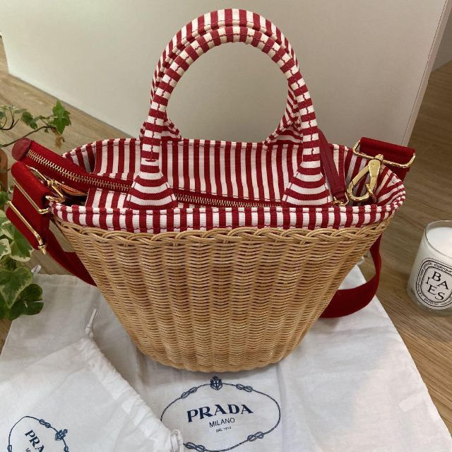 PRADA プラダ ウィッカー カゴバッグ ハンドショルダー レッド 赤 マリン - 2