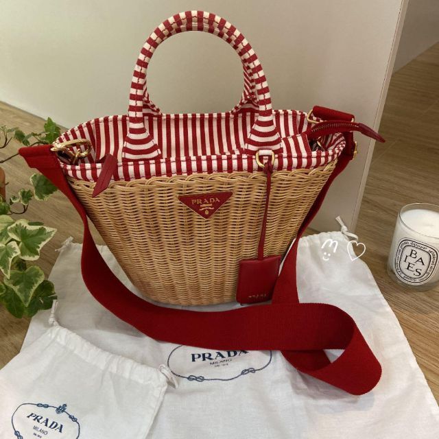 PRADA プラダ ウィッカー カゴバッグ ハンドショルダー レッド 赤 マリン - 9
