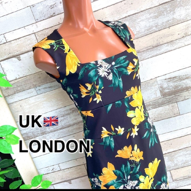 新品ロンドン 英国インポート タイトワンピース フラワー 花柄 イエロー系