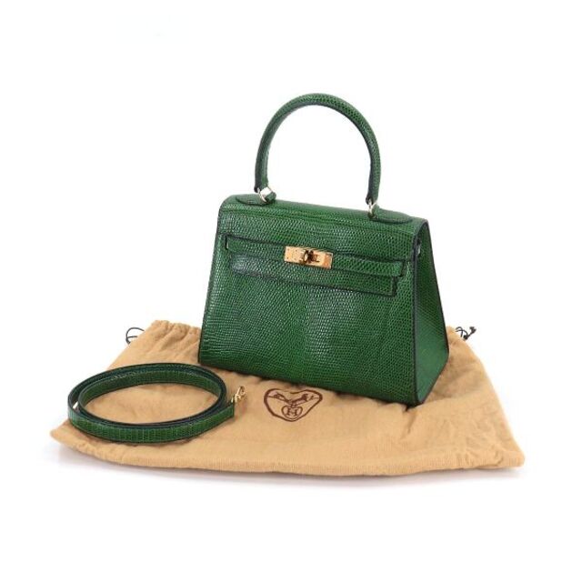 未使用 展示品 エルメス HERMES ミニケリー 2way ハンド ショルダー バッグ リザード グリーン系 外縫い ゴールド 金具 VLP 90184158