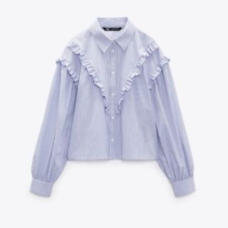 ザラ(ZARA)のZARA　新品　フリル付きストライプ柄ポプリンシャツ(シャツ/ブラウス(長袖/七分))