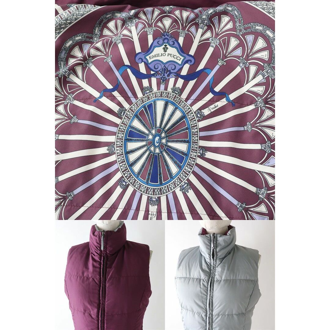 美品◎正規品 ルーマニア製 EMILIO PUCCI エミリオプッチ 26YC03 レディース リバーシブル ダウンベスト 紫(総柄)×水色(無地) 38
