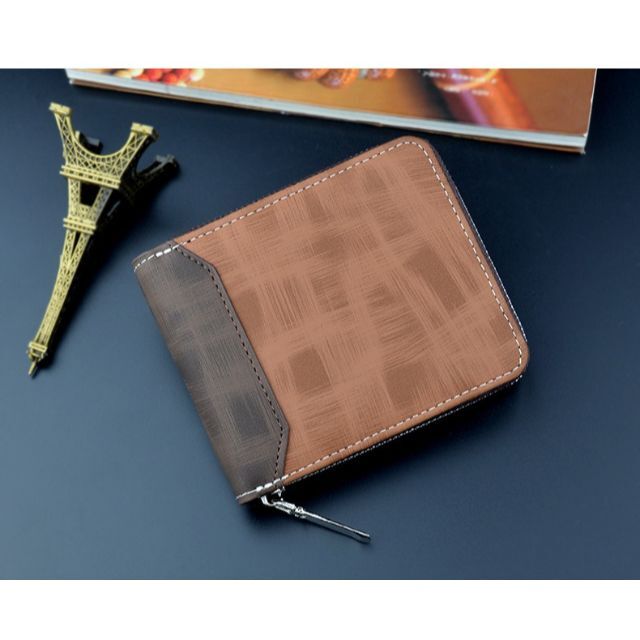 財布 メンズ 二つ折り ラウンドファスナー レザー ブラウン 茶【PN0746】 メンズのファッション小物(折り財布)の商品写真