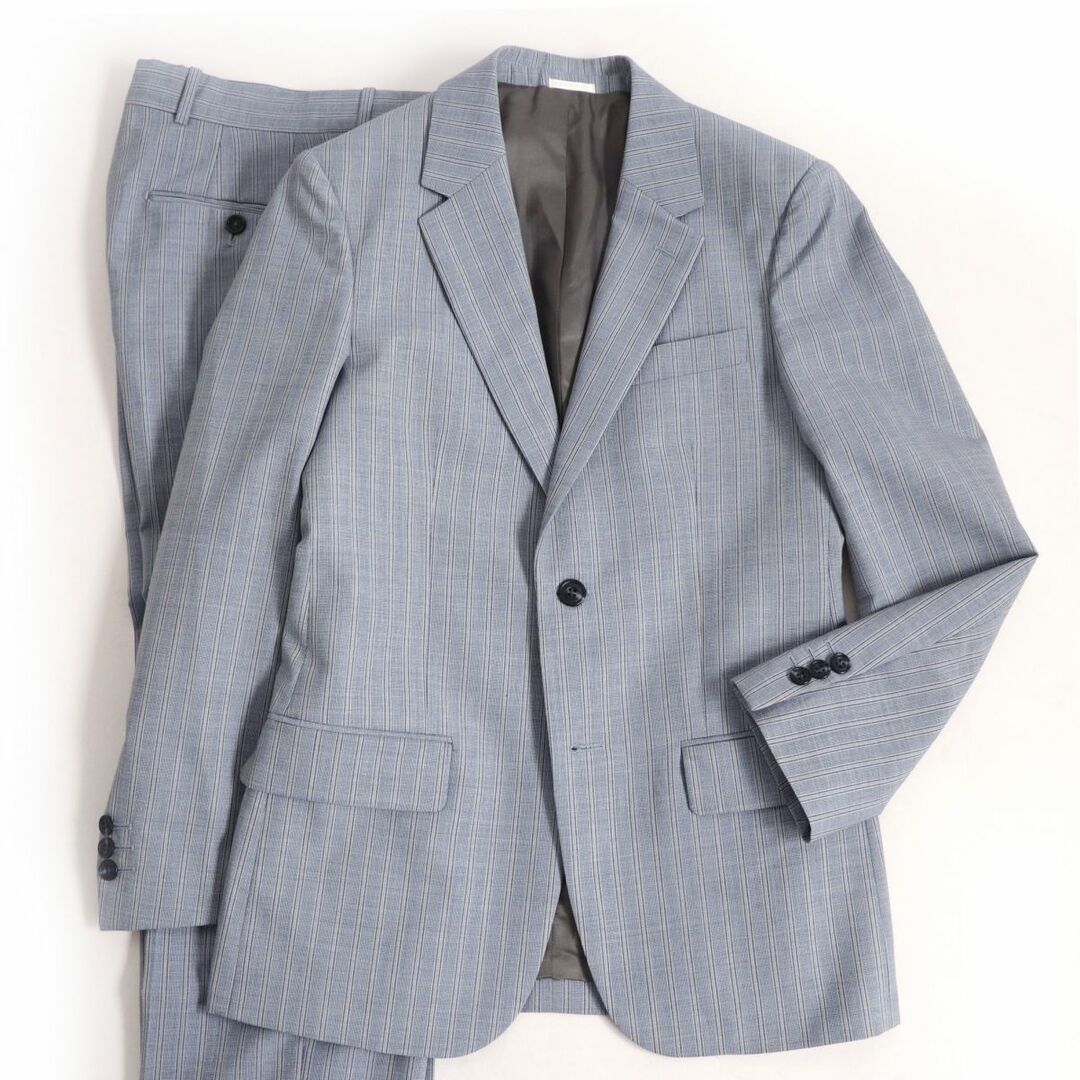 美品アレキサンダーマックイーン ストライプ柄 ウール シングルスーツ セットアップ ブルー系 44 イタリア製 正規品