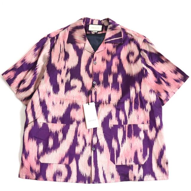 未使用品▽2019-20年 グッチ 597908 開襟/オープンカラー シルク×リネン×コットン 半袖 ボウリングシャツ/ジャケット 紫×ピンク 44