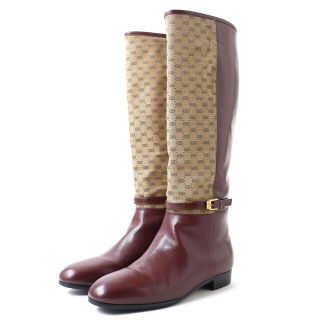 グッチ(Gucci)の極美品◇定価192500円 GUCCI グッチ 21AW 658889 ベルトモチーフ付 GGキャンバス×レザー ロングブーツ ボルドー×ベージュ レディース 36(ブーツ)