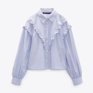 ザラ(ZARA)のZARA　新品　フリル付きストライプ柄ポプリンシャツ(シャツ/ブラウス(長袖/七分))