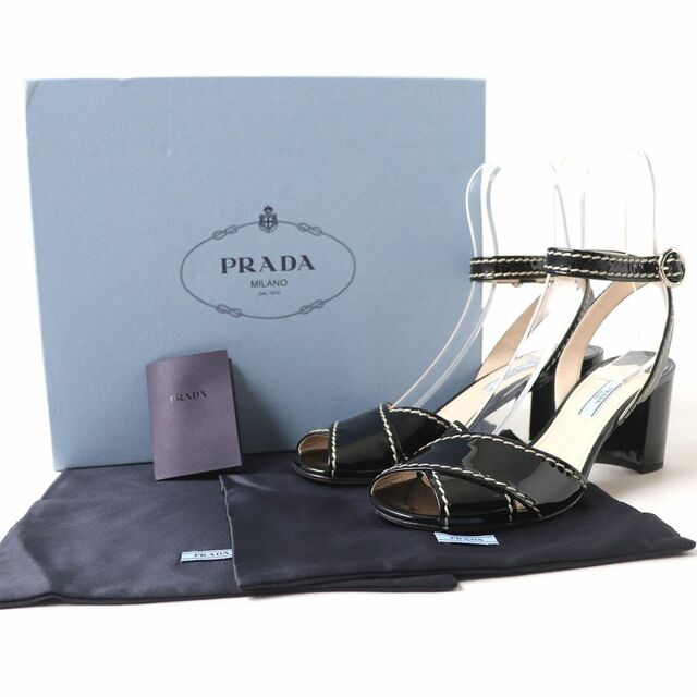 美品◇PRADA プラダ 1X469F ホワイトステッチ オープントゥ アンクル