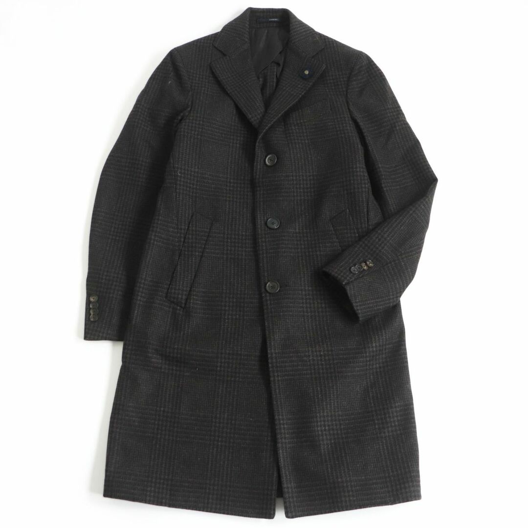 極美品□LARDINI/ラルディーニ グレンチェック ブートニエール ウール チェスターコート/ロングコート ブラウン系 46 イタリア製 正規品