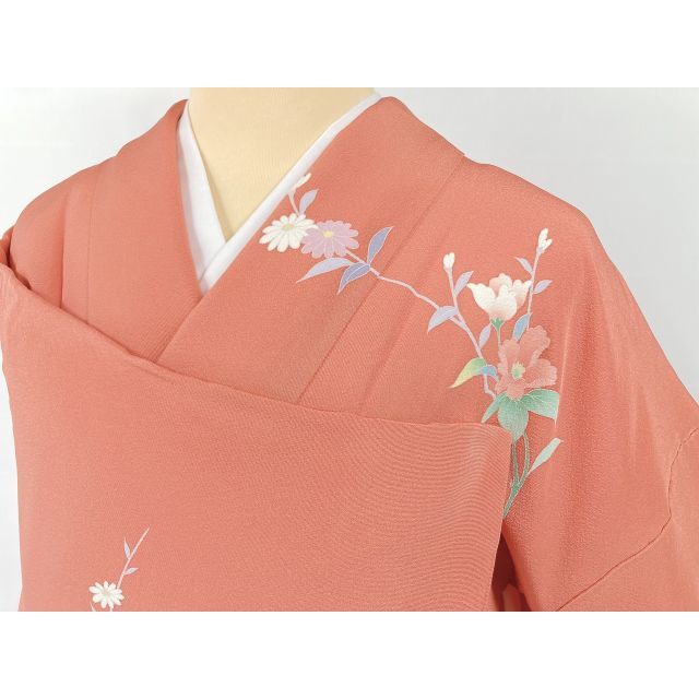 やまと誂製 型染め友禅 四季の花々 訪問着 正絹 オレンジ ピンク 紫 1013 レディースの水着/浴衣(着物)の商品写真