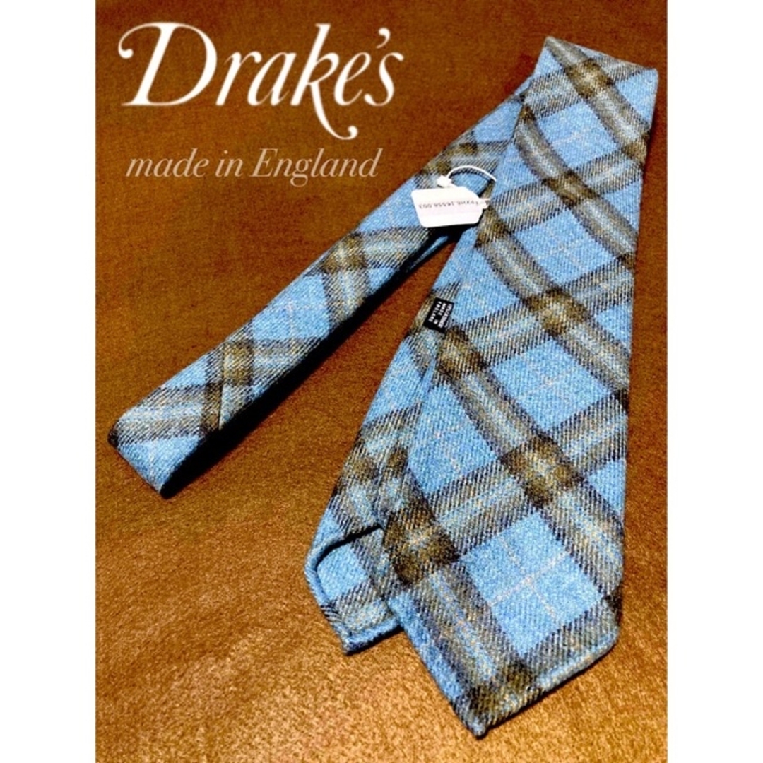 【新品】Drake's／ドレイクス／ネクタイ／チェック／ブルー／混カシミヤ