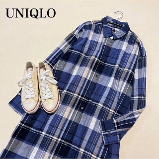 ユニクロ(UNIQLO)のUNIQLO ユニクロ　フランネルシャツワンピース　長袖　ブルー　青　L(ロングワンピース/マキシワンピース)