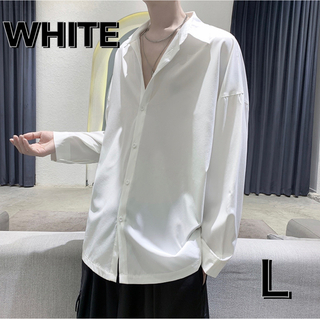 メンズシャツ 長袖 オーバーサイズ サテン とろみシャツ 白 L 韓国(シャツ)
