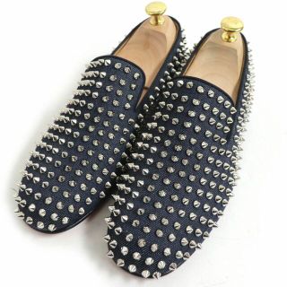 クリスチャンルブタン(Christian Louboutin)の極美品□Christian Louboutin/クリスチャンルブタン ローラーボーイ スパイクスタッズ デニム地 スリッポン/フラットシューズ 青 39 伊製(スリッポン/モカシン)