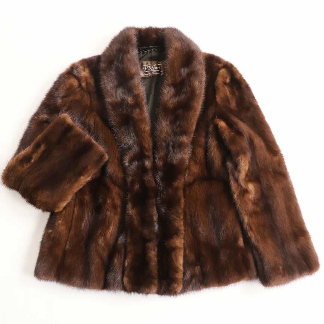 良品○MINK ミンク 裏地花柄刺繍 本毛皮セミロングコート ブラック